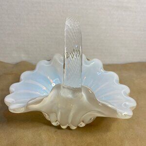 1982 Larry Laslo Opalescent White Blown Glass Basket